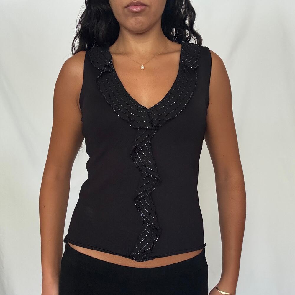 Vintage Y2K Pierce Fionda Black Beaded Ruffle V Neck Top M